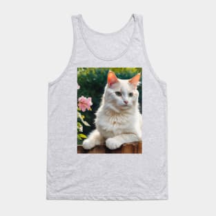 Cute White Cat With Flowers Watercolour Cat Art Tank Top